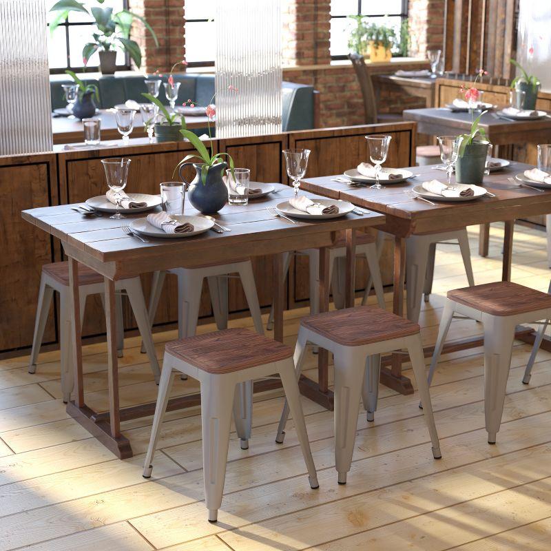 Flash Furniture 18" Backless Table Height Stool with Wooden Seat, Stackable Silver Metal Indoor Dining Stool, Commercial Grade - Set of 4