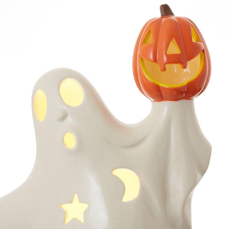 Pre-Lit Ceramic Halloween Ghost Holding Pumpkin Hand-Painted Decor