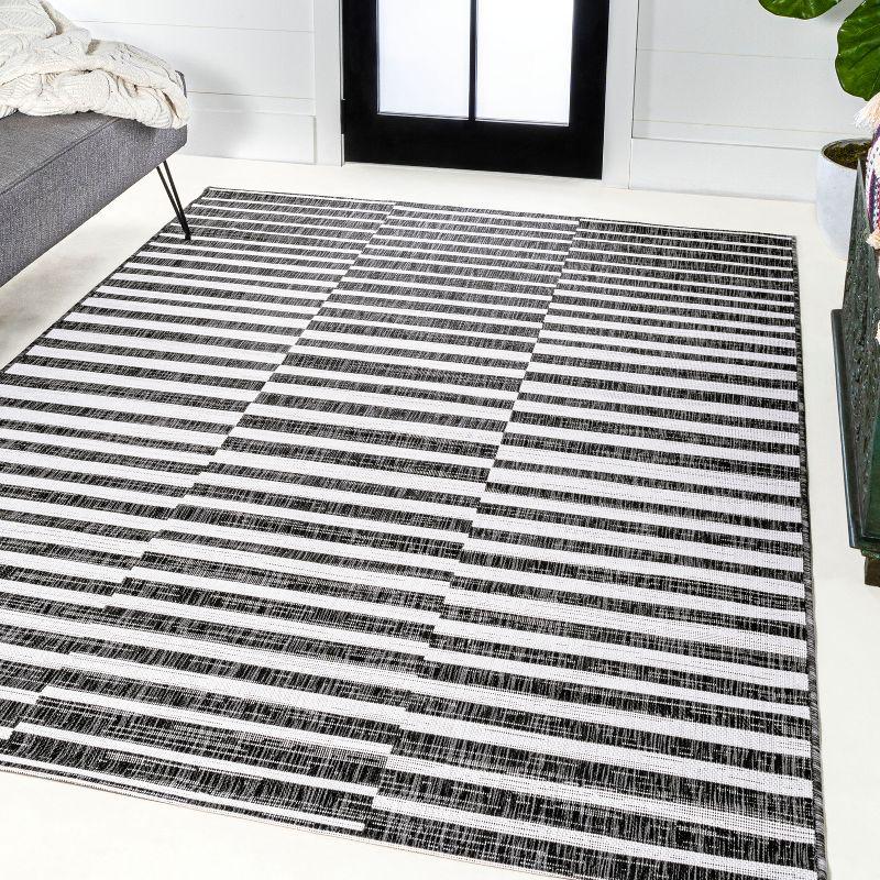 Ivory and Black Stripe Synthetic 8' x 10' Easy-Care Rug