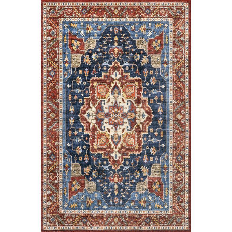 Hera Blue and Red Medallion Washable Synthetic Area Rug