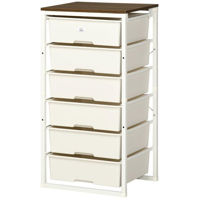 Modern White 6-Drawer Dresser with Plastic Bins and Steel Frame