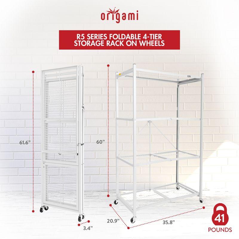 Origami Wheeled 4-Shelf Folding Steel Wire Shelving, White (21" x 36" x 60")