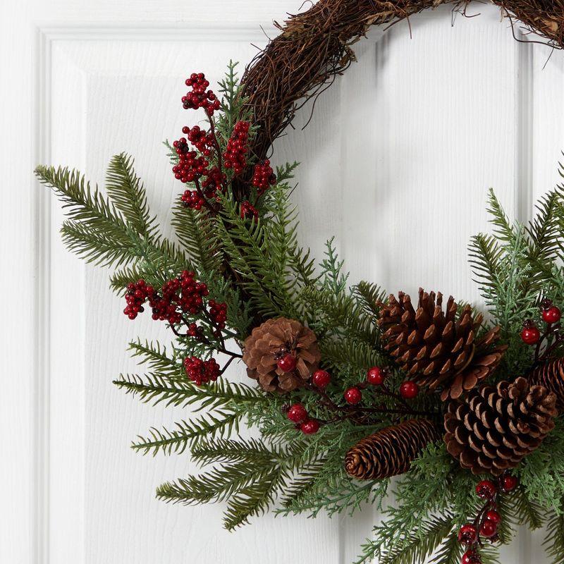 Nearly Natural 22” Mixed Pine and Cedar with Berries and Pine Cones Artificial Wreath