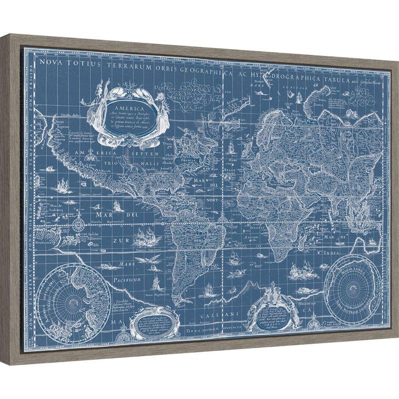 Framed Blue and White Canvas World Map Print