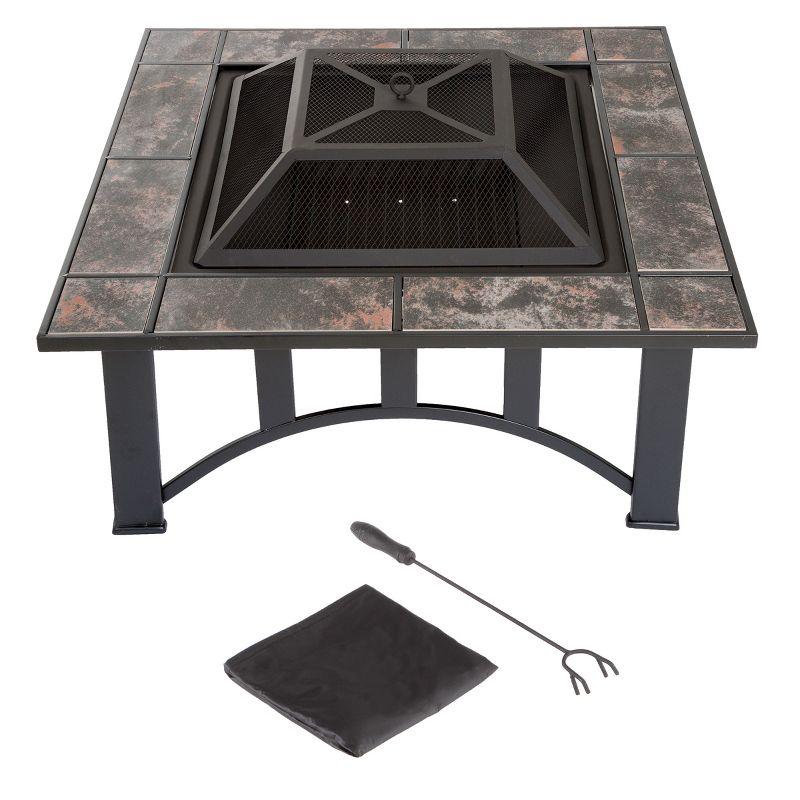 Nature Spring 33" Square Fire Pit With Tile Surround – Black and Orange