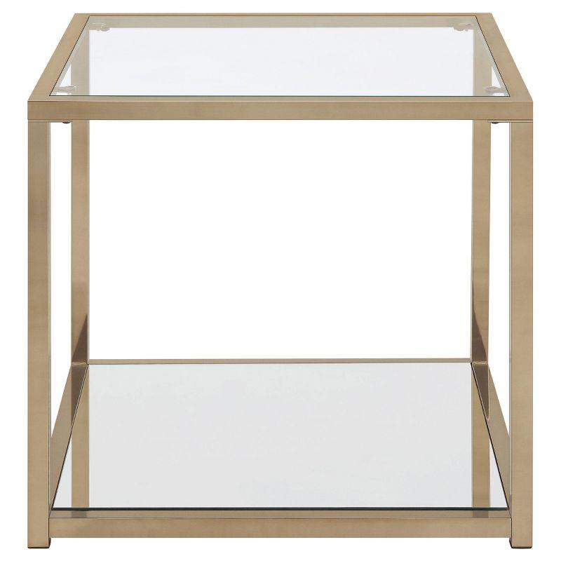 Cora Transitional Square Glass Top End Table with Mirrored Shelf in Gold