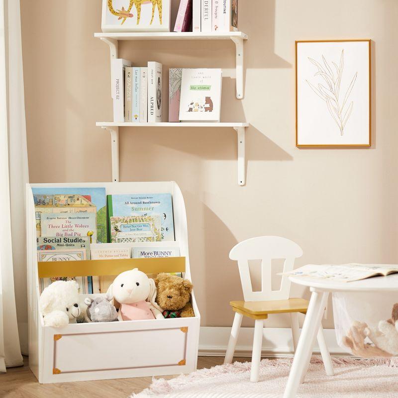 White Wooden Kids Bookcase with Gold Accents and Storage Cubes