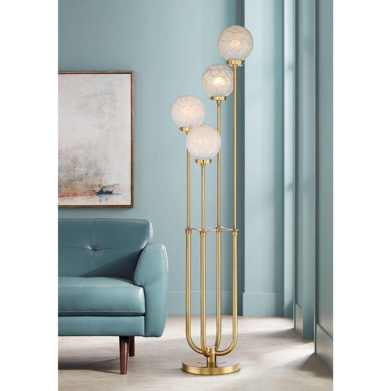 Warm Gold Metal Mid-Century Modern Floor Lamp with Glass Globe Shades