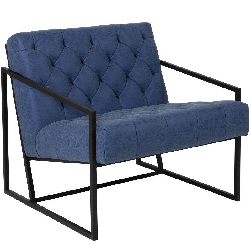 Retro Blue Tufted Leather Lounge Chair with Metal Frame