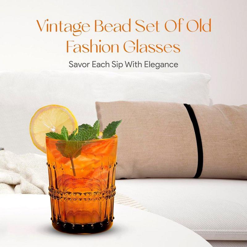 American Atelier Vintage Old Fashion 10 oz. Whiskey Glasses, Romantic Water Tumblers, Barware Glasses for Cocktails, Embossed Beaded, Set of 4, Amber
