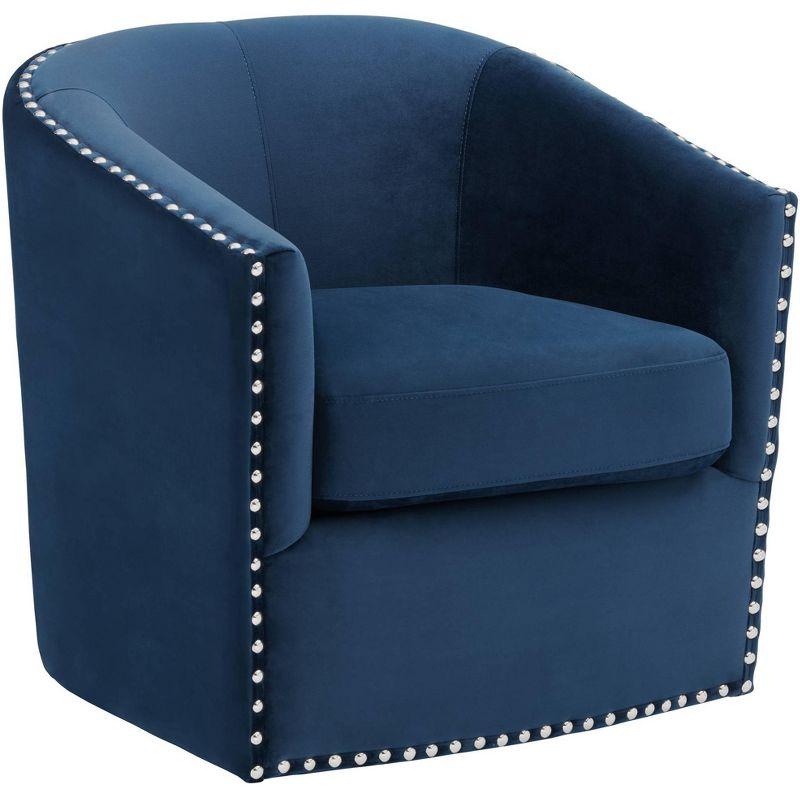 Navy Blue Fabric Swivel Barrel Chair with Silver Nailhead Trim