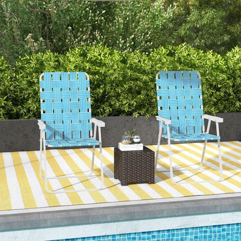 Blue Woven Strap Steel Folding Patio Chairs with Armrests, Set of 2