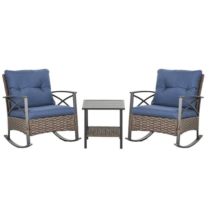 Outsunny 3 Piece Rocking Chair Bistro Set, Outdoor Wicker Porch Conversation Set with 2 Rockers, Table, Tufted Cushions for Garden, Dark Blue