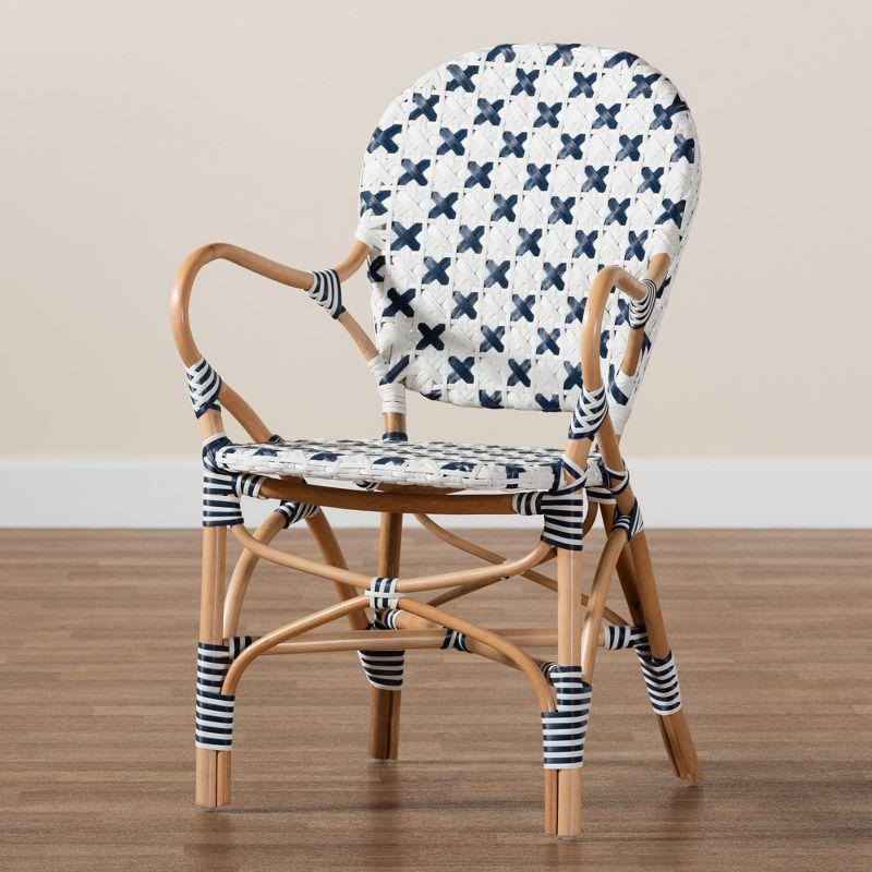 bali & pari Bryson Modern French Blue and White Weaving and Natural Rattan Bistro Chair