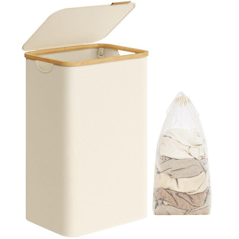 SONGMICS Laundry Hamper with Lid, Large Laundry Basket, 23.8 Gallons (90L), Removable Mesh Liner, Bamboo Handles, Collapsible Cream White