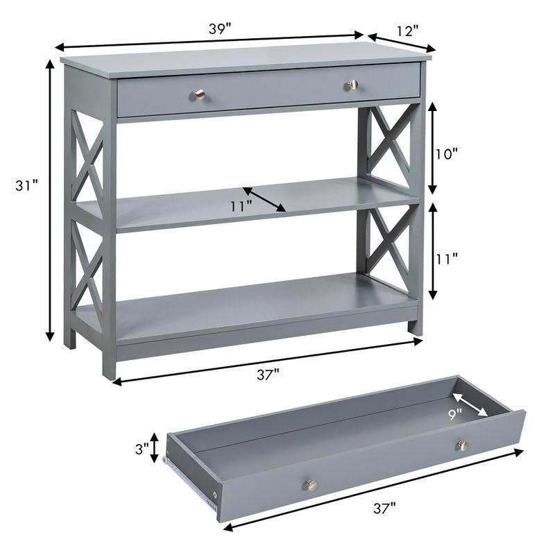 Costway 3-Tier Console Table X-Design Sofa Entryway Table with Drawer & Shelves Gray