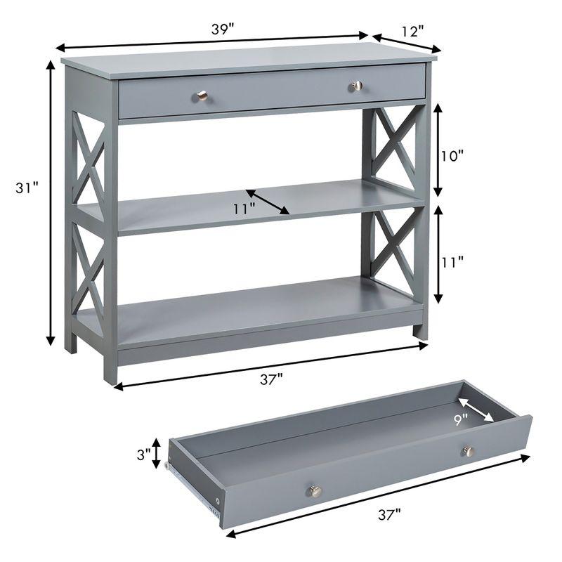 Costway 3-Tier Console Table X-Design Sofa Entryway Table with Drawer & Shelves Gray\ Espresso