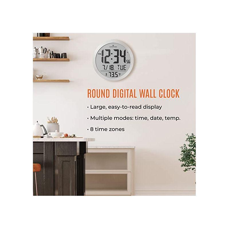 Marathon 15 Inch Round Sleek & Stylish Digital Wall Clock Full Calendar Display & Indoor Temperature