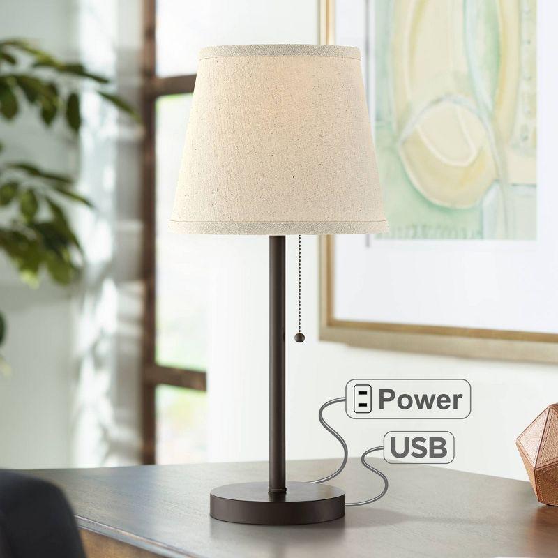 360 Lighting Modern Desk Table Lamp with Hotel Style USB and AC Power Outlet in Base 20" High Bronze Metal Oatmeal Drum Shade for Bedroom Office