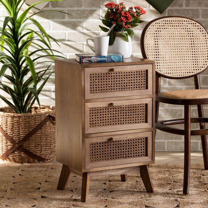 Baden Wood with Rattan 3 Drawer Nightstand Walnut Brown - Baxton Studio: Bohemian Style Bedside Table, MDF & Paulownia Frame