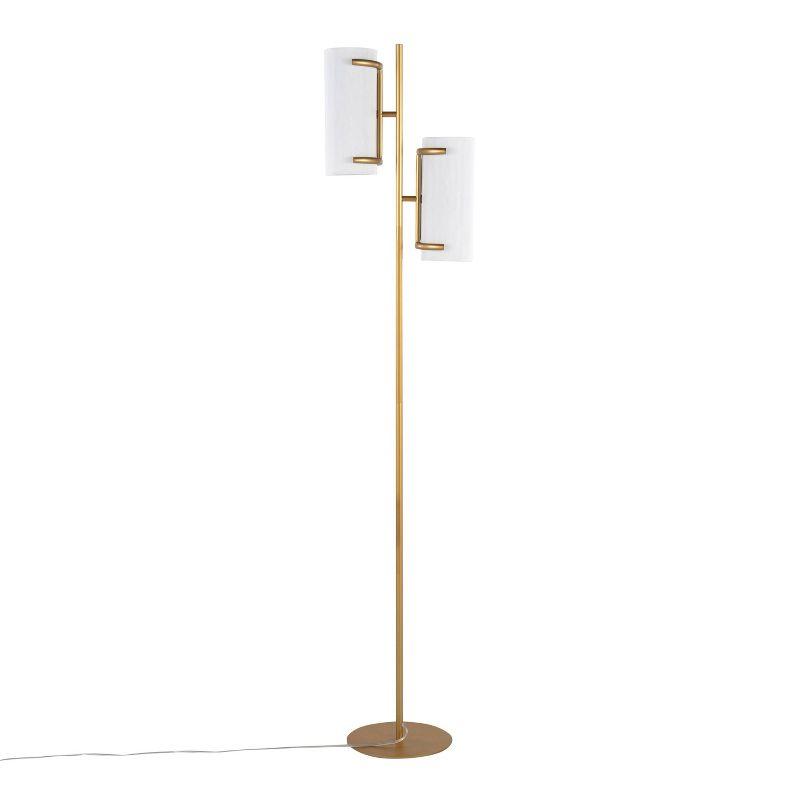 LumiSource Rhonda Floor Lamp: Dual Can Lights, White Plastic Shades, Gold Metal Base, 71" Height