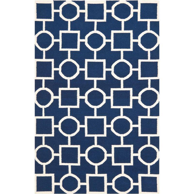 Ivory and Navy Geometric Wool Flat Woven Rug, 8' x 10'