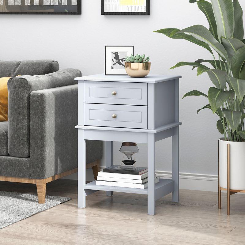 Light Gray MDF Side Table with Storage Drawers and Shelf