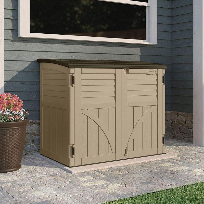 Suncast 34-Cubic Feet Durable All-Weather UV-Resistant Lockable Horizontal Compact Storage Shed for Garden, Backyard, Patio, and Pool Supplies, Brown