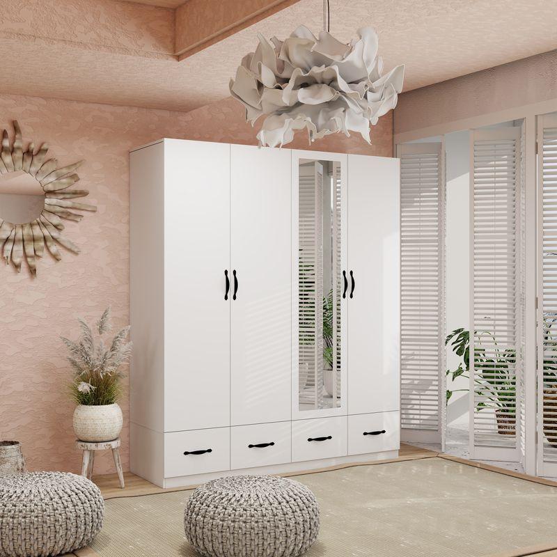 Keloyid White Wood 62.99 in. Armoire with 4 Drawers, 3 Shelves and Hanging Rails