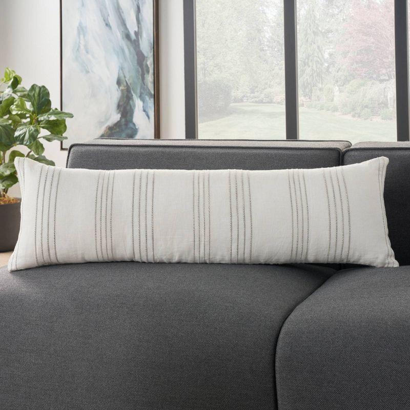 White and Grey Striped Cotton Linen Lumbar Pillow 12" x 40"