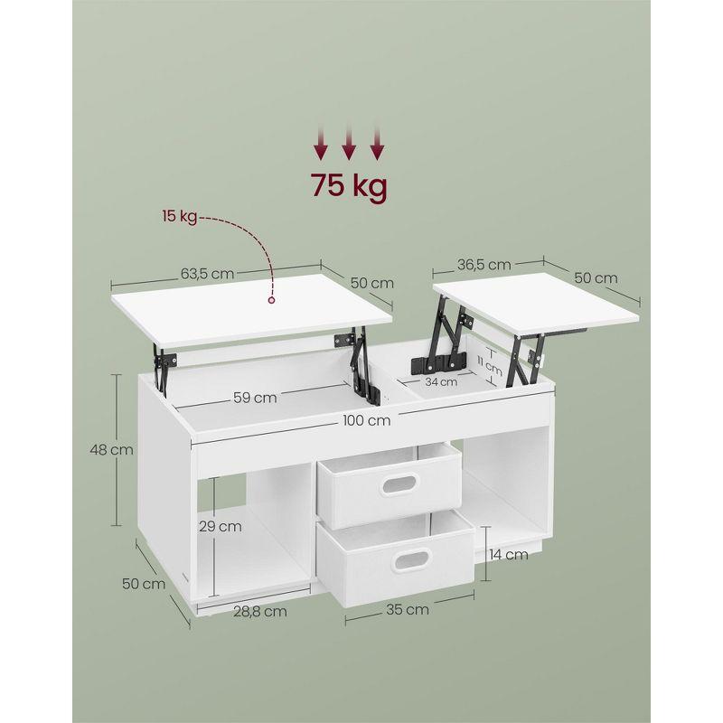VASAGLE Coffee Table, Lift Top Coffee Table with 2 Drawers and Hidden Compartments, Center Table with Lift Tabletop, Open Compartments, Snow White