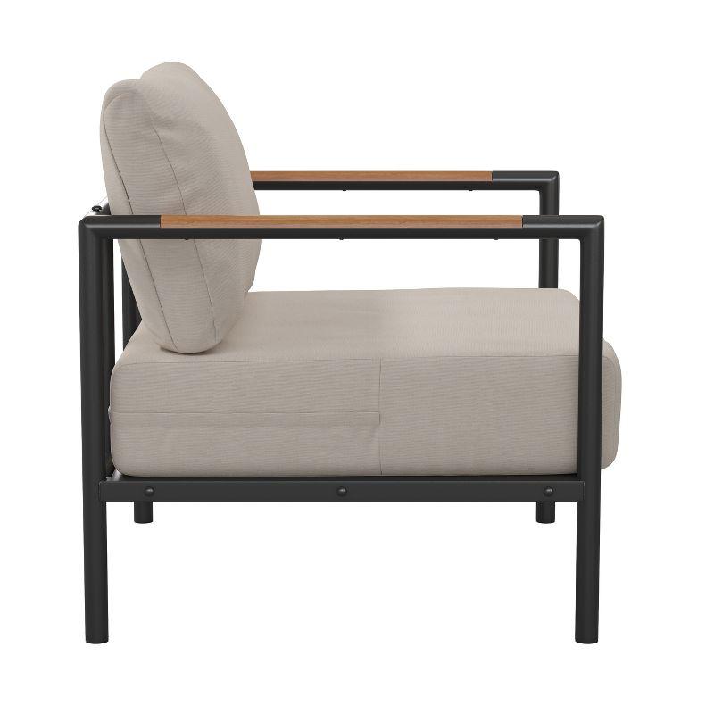 Modern Black Steel Patio Chair with Beige Cushion Accents