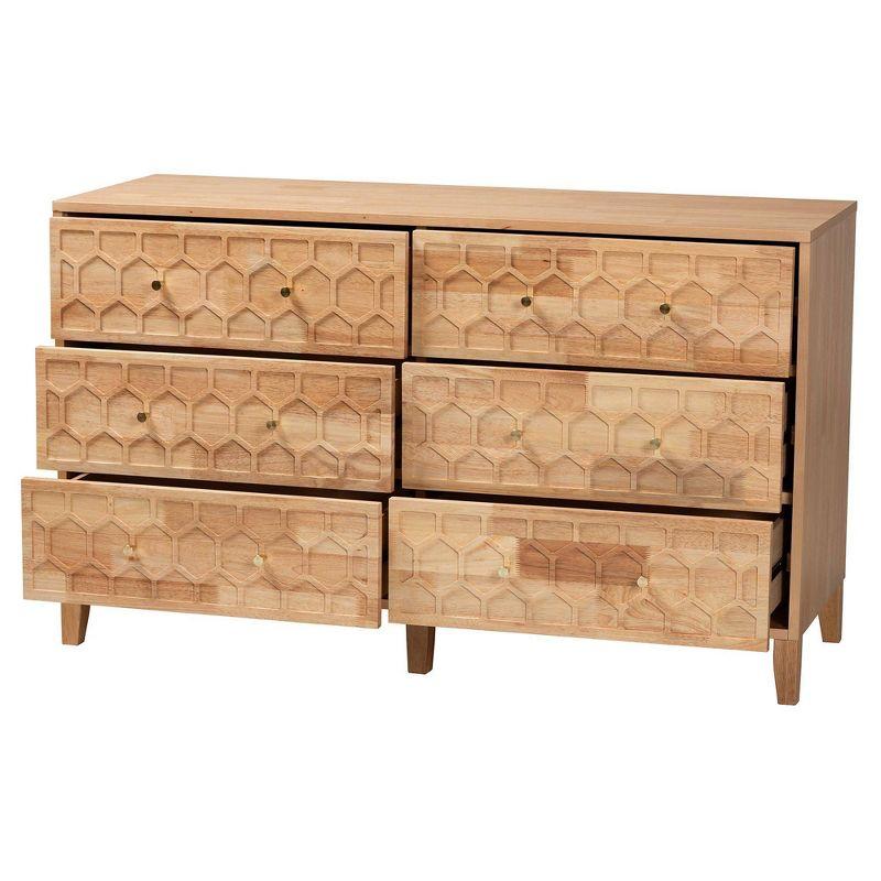 Natural Rubberwood 6-Drawer Honeycomb Dresser with Cone Legs