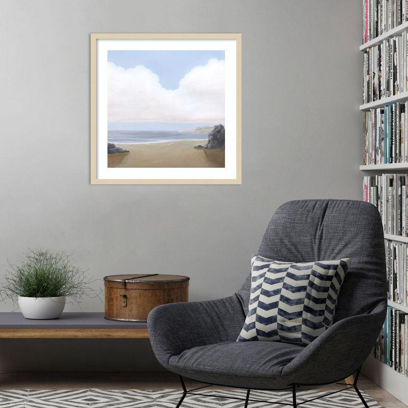 Serene Ocean Landscape Lithograph with Natural Wood Frame