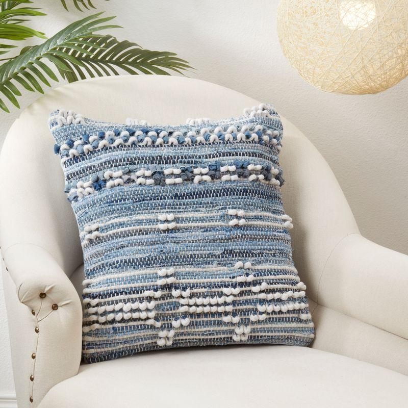 Denim Blue Cotton Chindi Throw Pillow Cover, 20"x20"