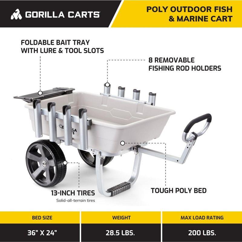 Gorilla Carts 200 Pound Capacity Foldable Heavy Duty Poly Fishing and Marine Outdoor Sporting Goods Utility Cart with Rod Holders and Bait Tray, Gray