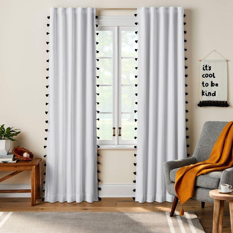 84" White and Black Polyester Blackout Tassel Kids' Curtain Panel