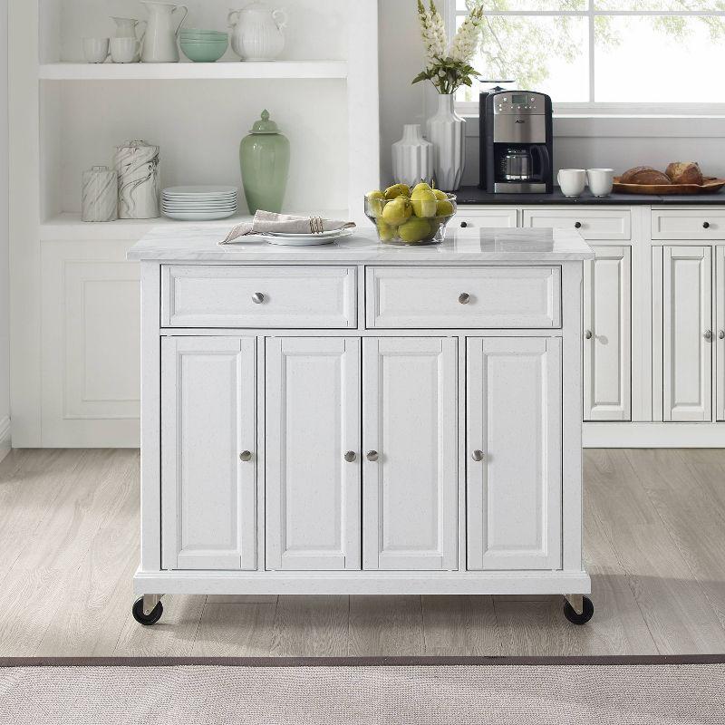 Avery Kitchen Island/Cart Distressed White/White Marble - Crosley: Adjustable Shelves, Particle Board Frame, 6 Shelves, 2 Drawers