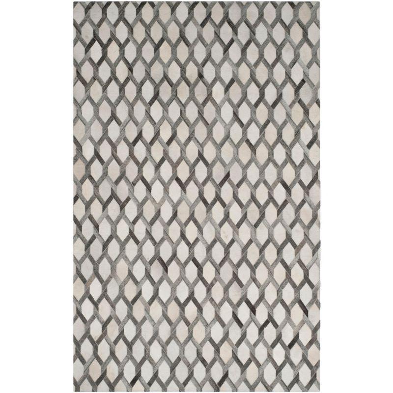 Ivory and Grey Geometric Cowhide Area Rug, 5' x 8'