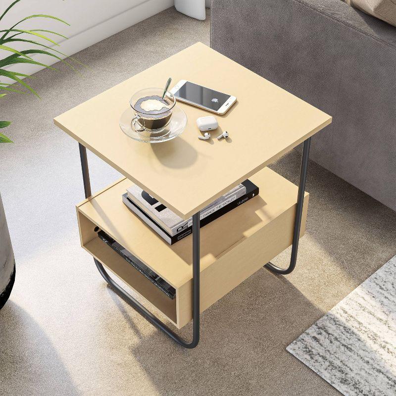 Light Maple and Black Metal Modern End Table with Open Shelf