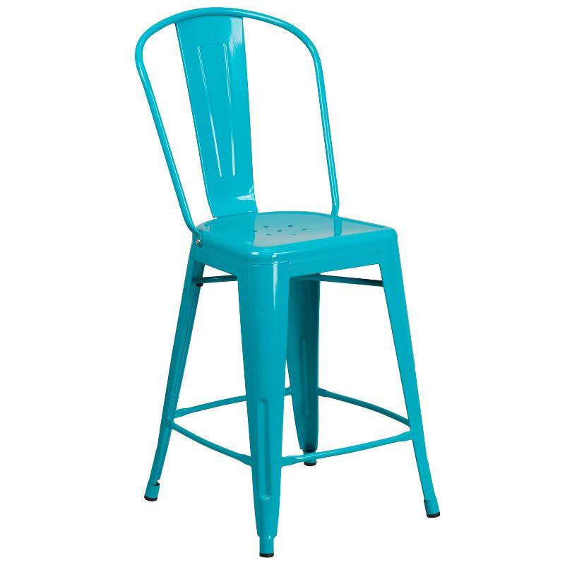 Emma and Oliver Commercial Grade 24"H Teal-Blue Metal Indoor-Outdoor Counter Stool w/ Back