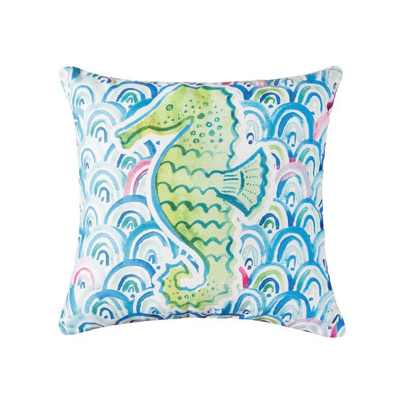 18" Blue and Green Polyester Coastal Seahorse Throw Pillow