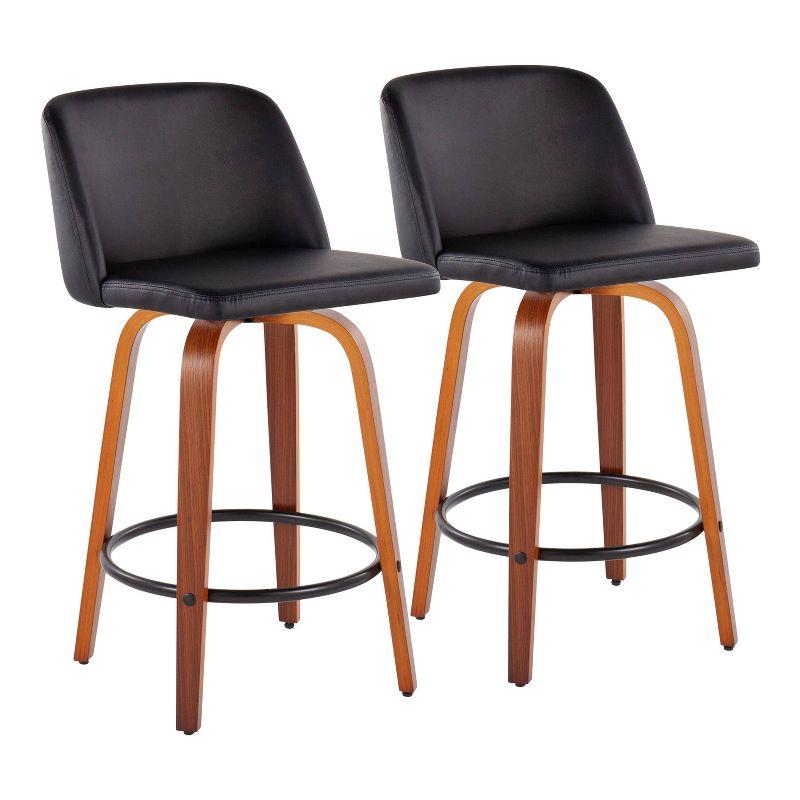 Set of 2 Toriano PU Leather/Steel/Wood Counter Height Barstools Walnut/Black - LumiSource: Swivel, Upholstered, Foam Filled