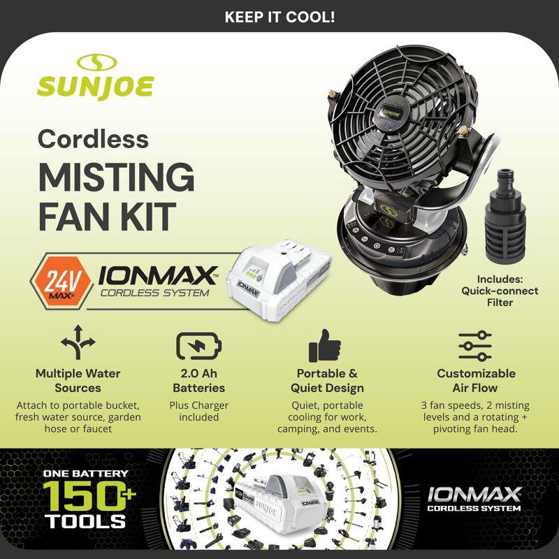 Sun Joe 24 Volt IONMAX Cordless Misting Fan Kit, Indoor or Outdoor, with 6 Gallon Portable Bucket, 60 Square Foot Coverage, 2.0-AH Battery and