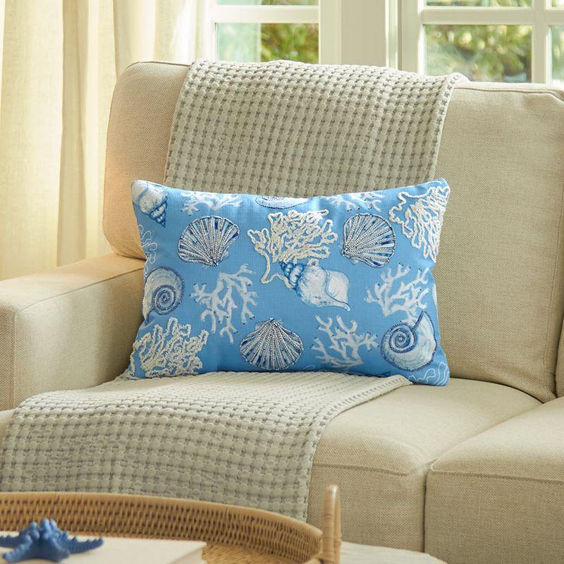 Coastal Blue Embroidered Polyester Oblong Throw Pillow