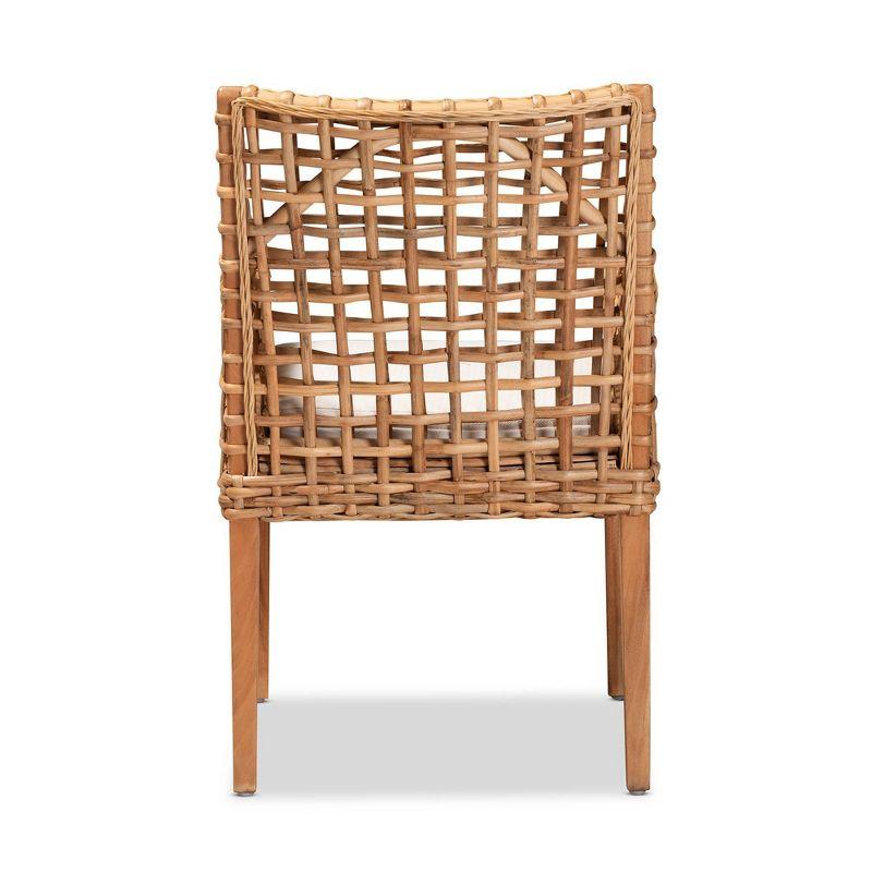bali & pari Saoka Wood and Rattan Armchair Natural Brown/White: Polyester Upholstered, No Assembly Required