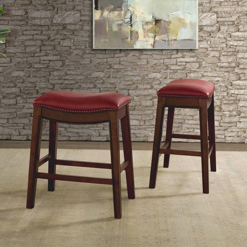 Transitional Red Leather & Wood 24" Saddle Counter Stool