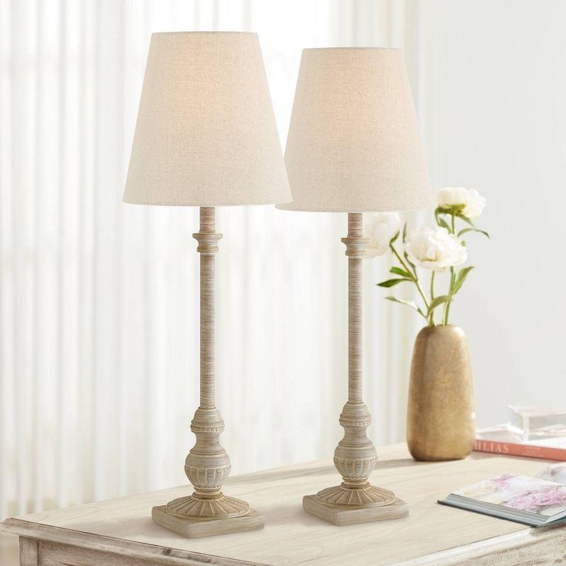 Regency Hill Loreno Traditional Buffet Table Lamps 24" High Set of 2 Whitewashed Oatmeal Linen Drum Shade for Bedroom Living Nightstand Family Room