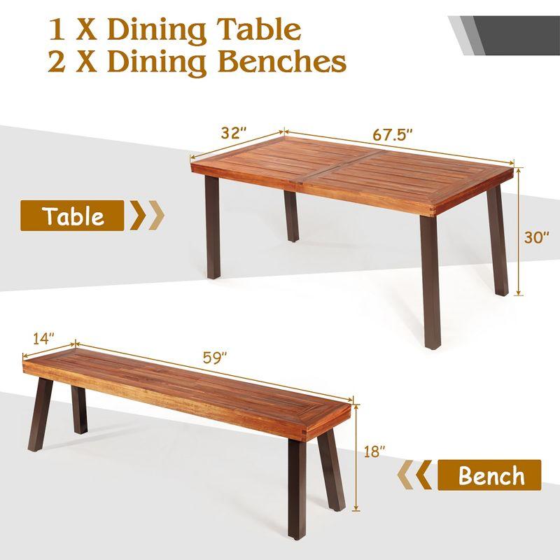 Costway 3 Pieces Picnic Table Set Acacia Wood Table Bench with Steel Legs Outdoor Patio