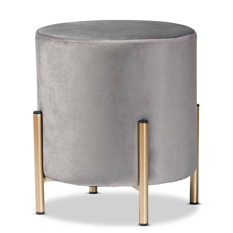 Luxe Grey Velvet and Gold Metal Round Ottoman